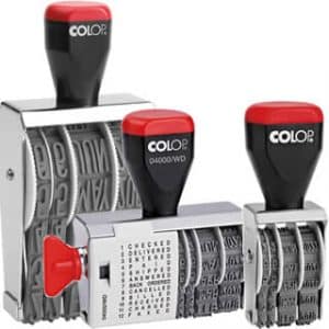Conjunto de carimbos datadores manuais COLOP com pega vermelha