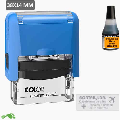 Carimbo automático COLOP Printer C20 azul, com área de impressão 38x14mm e exemplo de personalização com dados de empresa