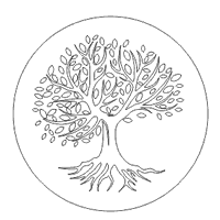 Desenho de árvore da vida com raízes e copa detalhada dentro de círculo