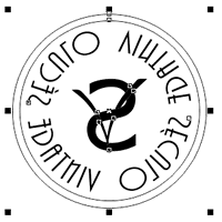 Selo circular com monograma estilizado em “V” e texto invertido em torno