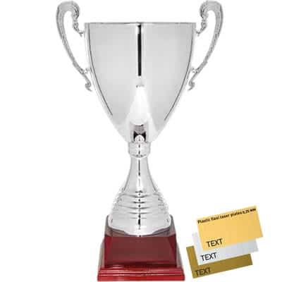 Troféu taça de luxo com acabamento prateado e base em madeira, ideal para premiações de competições, eventos e homenagens.
