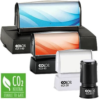 Vários modelos de carimbos COLOP EOS prontos na hora, com certificação CO2 neutral