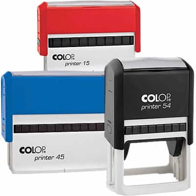 Três carimbos retangulares automáticos COLOP de diferentes tamanhos e cores